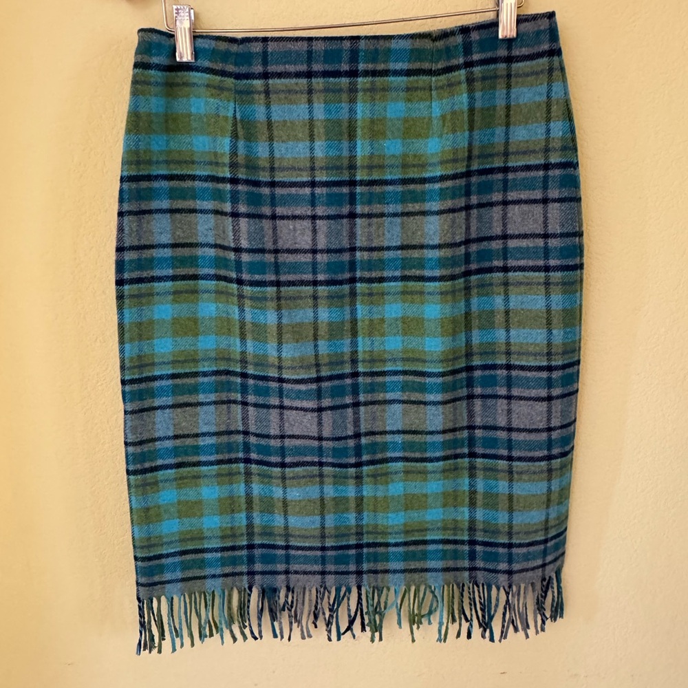 J Jill Skirt Petites Green Blue Plaid Wool Blend Faux Wrap Lined Fringe 8 Petite - Picture 2 of 5